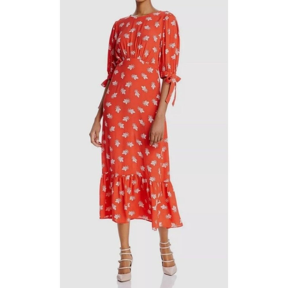 Ghost London Women's Red Orange Printed Crew-Neck Ruffle Crepe Midi Dress Size S